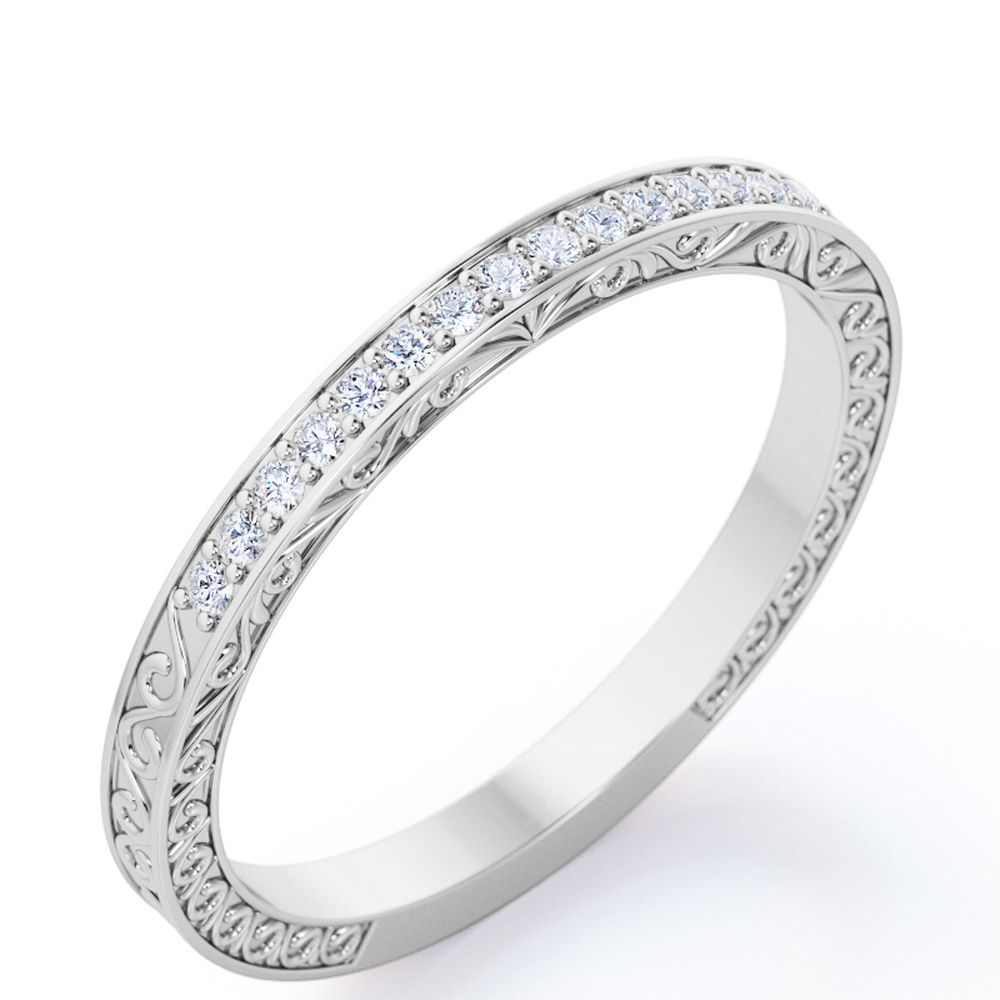 Art-Deco Victorian Style 0.25 Carat Round Cut April Birthstone Wedding Band in 18K White Gold Plating over Silver